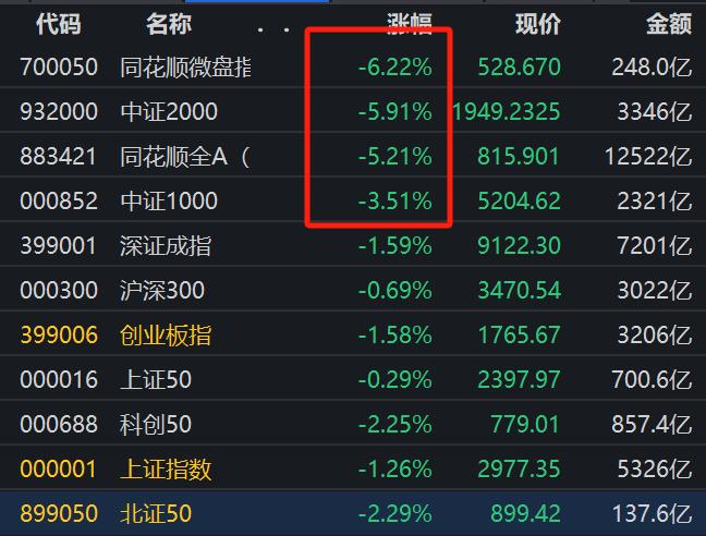 A股深跌，同花顺微盘指数跌超6%