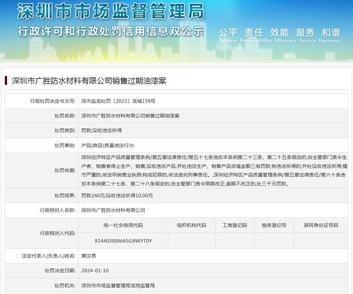 深圳市广胜防水材料有限公司销售过期油漆案