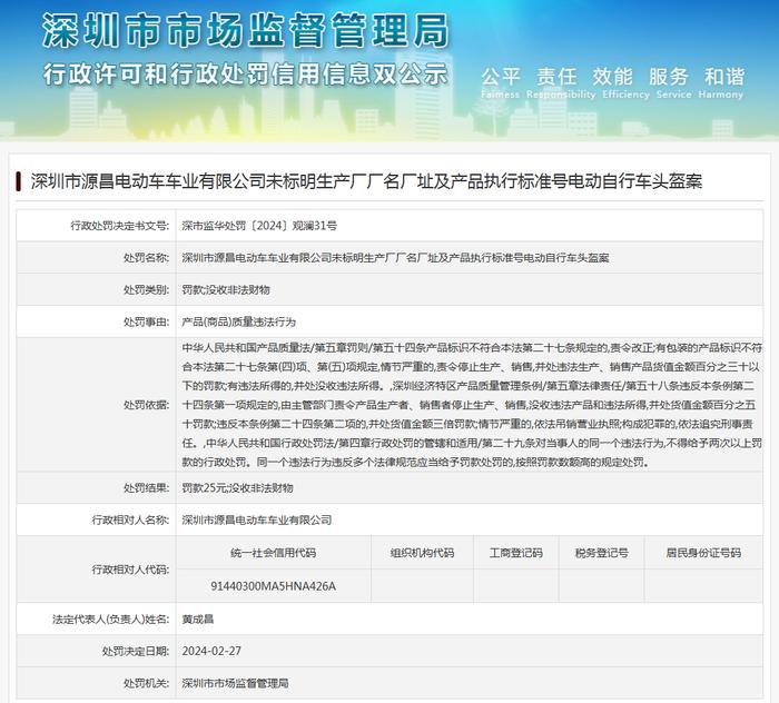 深圳市源昌电动车车业有限公司未标明生产厂厂名厂址及产品执行标准号电动自行车头盔案