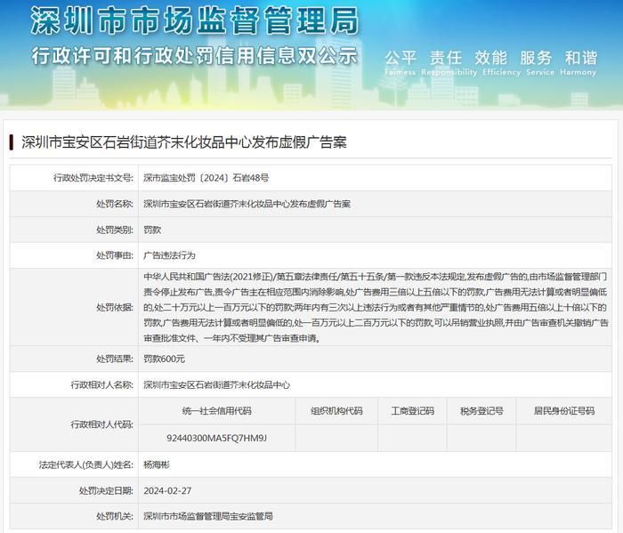 深圳市宝安区石岩街道芥末化妆品中心发布虚假广告案