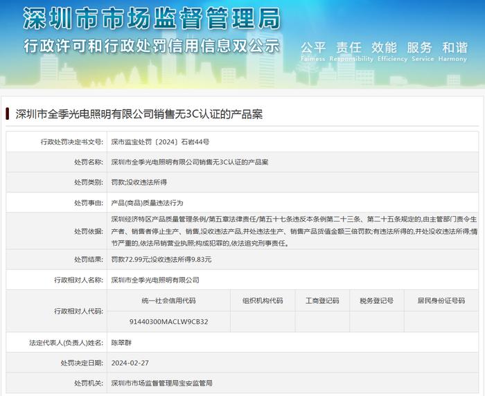 深圳市全季光电照明有限公司销售无3C认证的产品案