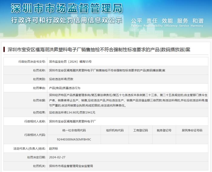 深圳市宝安区福海潮洪昇塑料电子厂销售抽检不符合强制性标准要求的产品(数码播放器)案