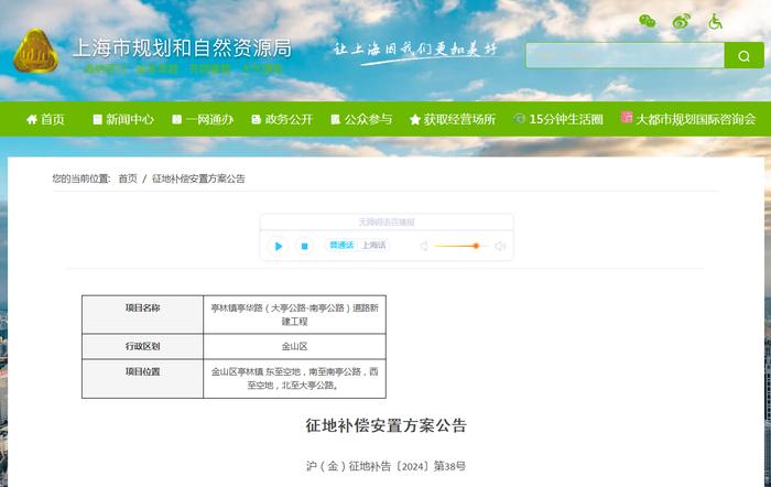 ​征地补偿安置方案公告 沪（金）征地补告〔2024〕第38号