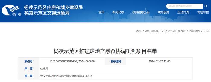 陕西省杨凌示范区推送房地产融资协调机制项目名单