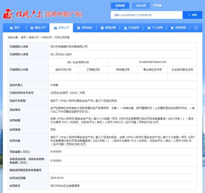 深圳市龙华区应急管理局对深圳市宏嘉泰机电设备有限公司作出行政处罚