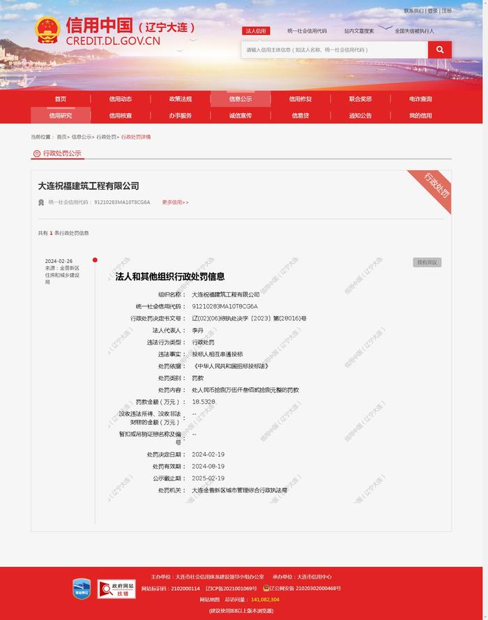 大连祝福建筑工程有限公司被罚款18.5328万元