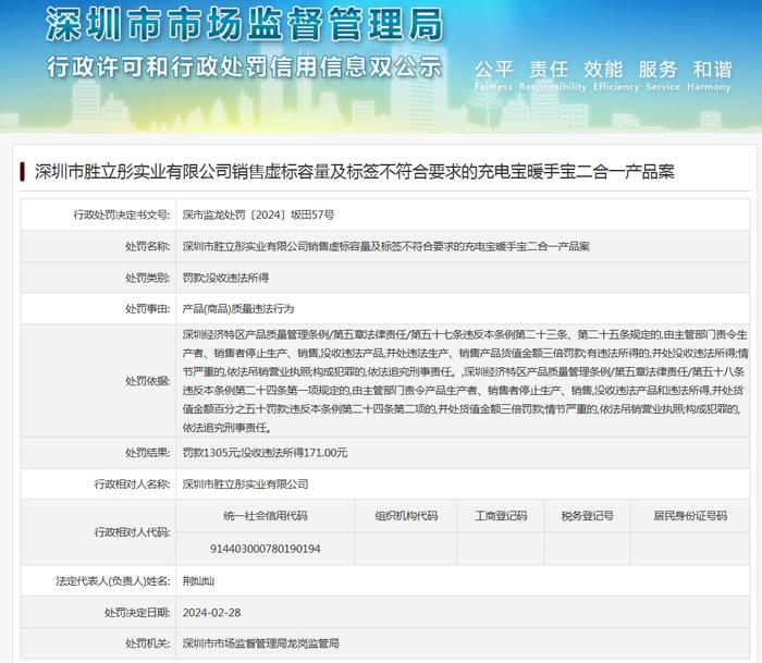 深圳市胜立彤实业有限公司销售虚标容量及标签不符合要求的充电宝暖手宝二合一产品案