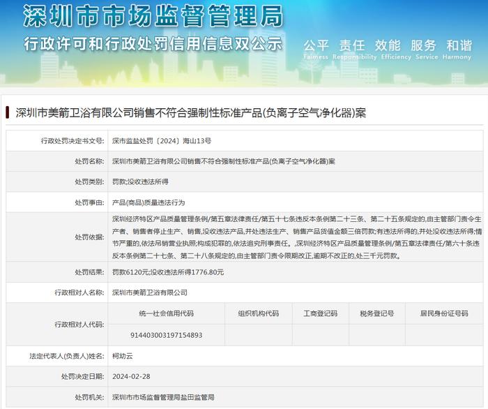 深圳市美箭卫浴有限公司销售不符合强制性标准产品(负离子空气净化器)案