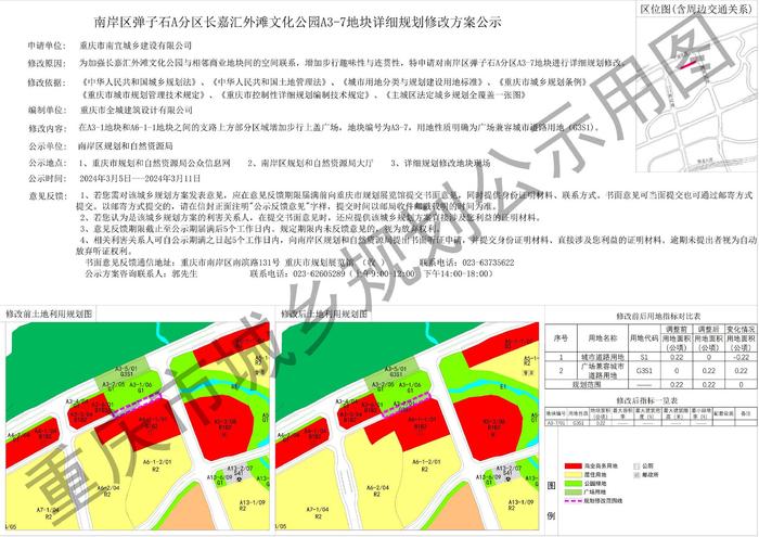 重庆市南岸区弹子石A分区长嘉汇外滩文化公园A3-7地块详细规划修改方案公示