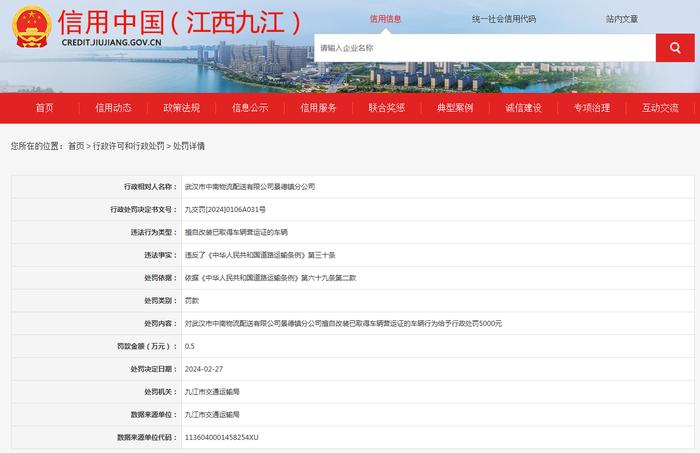 关于对武汉市中南物流配送有限公司景德镇分公司行政处罚信息