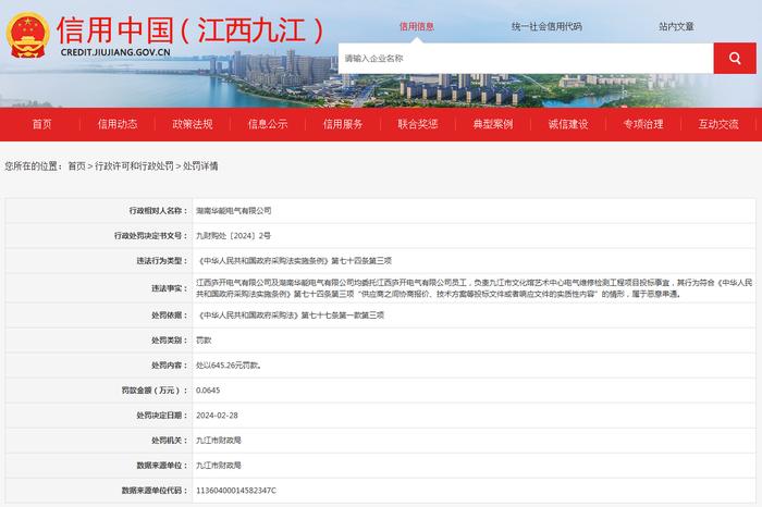 关于对湖南华能电气有限公司行政处罚信息