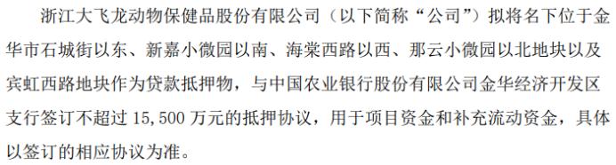 大飞龙拟与中国农业银行股份有限公司金华经济开发区支行签订不超过1.55亿的抵押协议