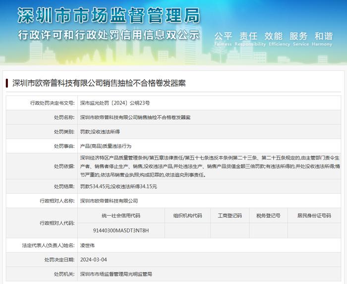 深圳市欧帝普科技有限公司销售抽检不合格卷发器案