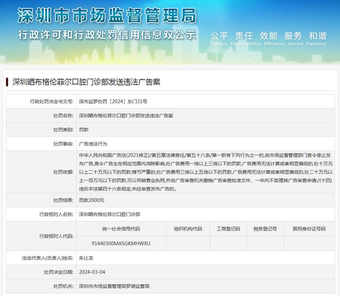 深圳晒布格伦菲尔口腔门诊部发送违法广告案