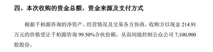 千柏源：刘扬北以214.9万元现金收购千柏源咨询99.5%合伙份额