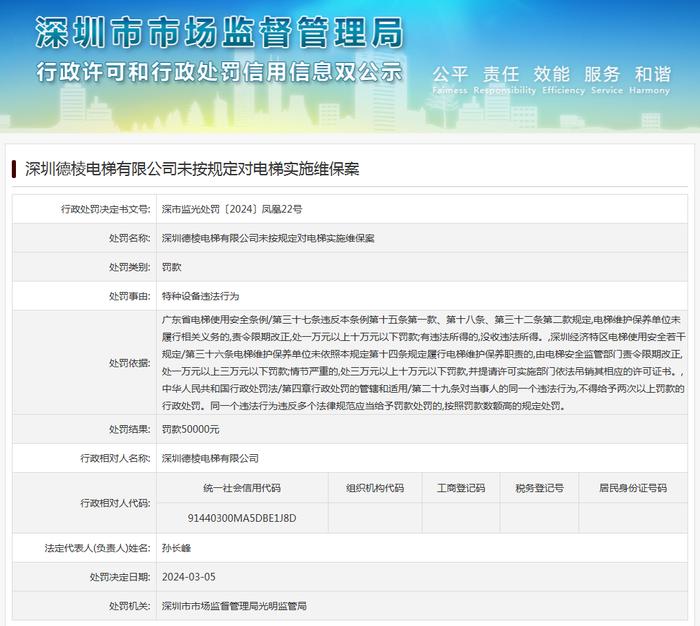 深圳德棱电梯有限公司未按规定对电梯实施维保案