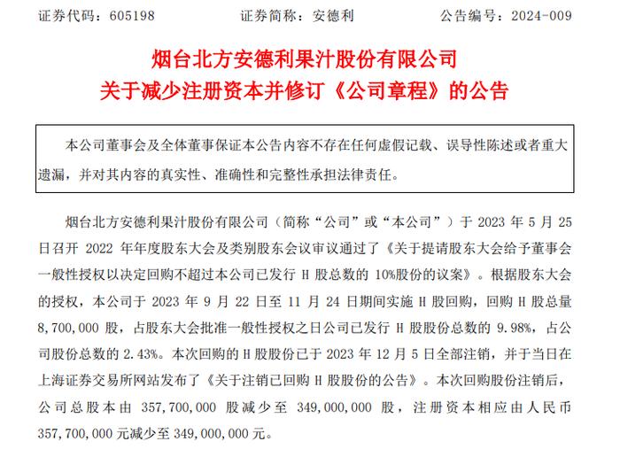 安德利注册资本减少至3.49亿元，2023年公司营收8.76亿元