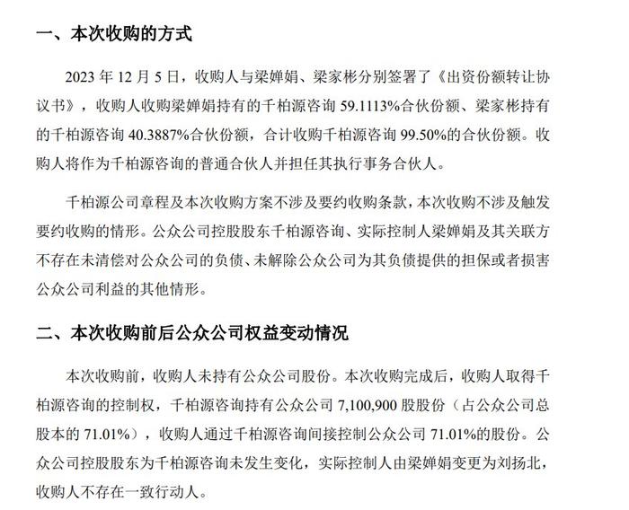 千柏源：刘扬北以214.9万元现金收购千柏源咨询99.5%合伙份额