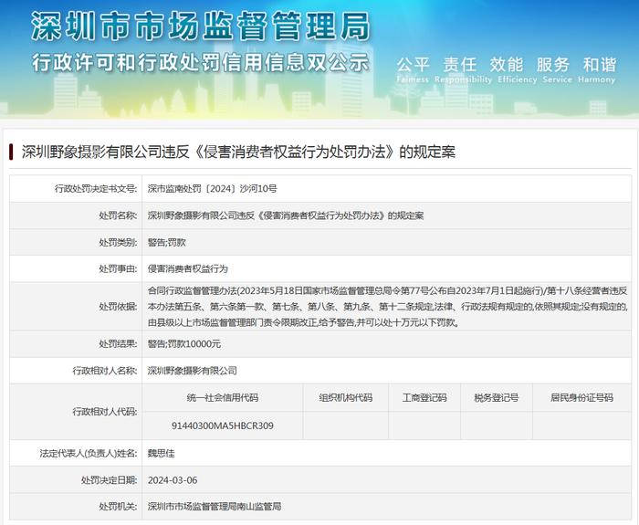 深圳野象摄影有限公司违反《侵害消费者权益行为处罚办法》的规定案