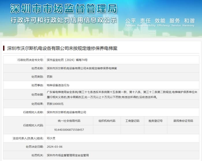深圳市沃尔斯机电设备有限公司未按规定维修保养电梯案
