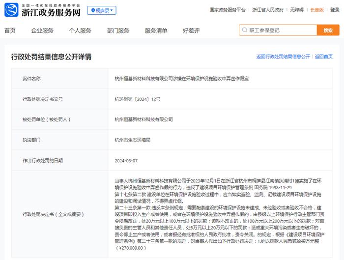 杭州恒基新材料科技有限公司涉嫌在环境保护设施验收中弄虚作假案