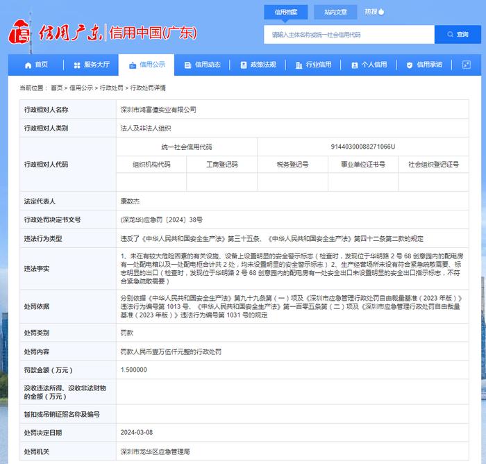 深圳市龙华区应急管理局对深圳市鸿富億实业有限公司作出行政处罚