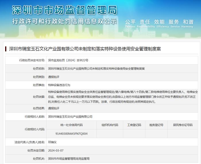 深圳市瑞宝玉石文化产业园有限公司未制定和落实特种设备使用安全管理制度案