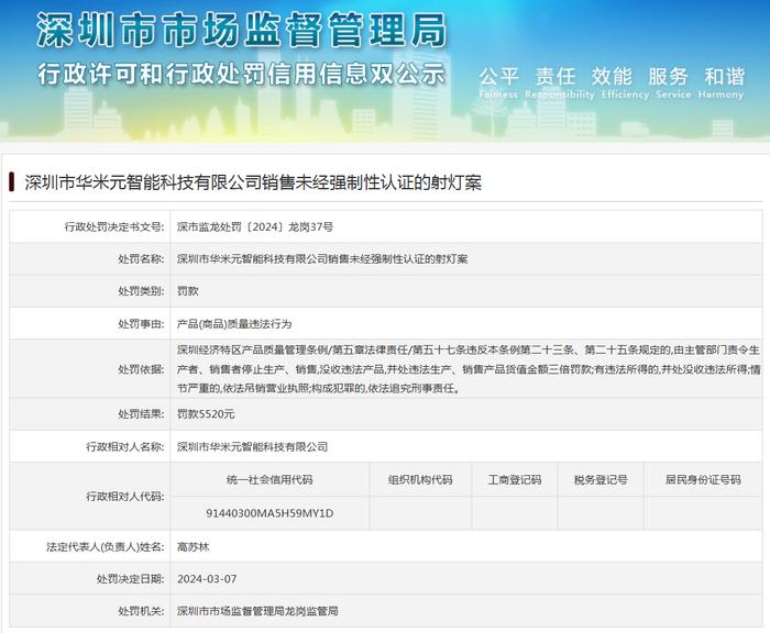 深圳市华米元智能科技有限公司销售未经强制性认证的射灯案
