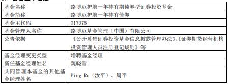 路博迈护航一年持有债券增聘基金经理魏晓雪