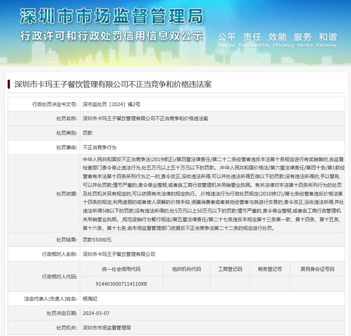 深圳市卡玛王子餐饮管理有限公司不正当竞争和价格违法案