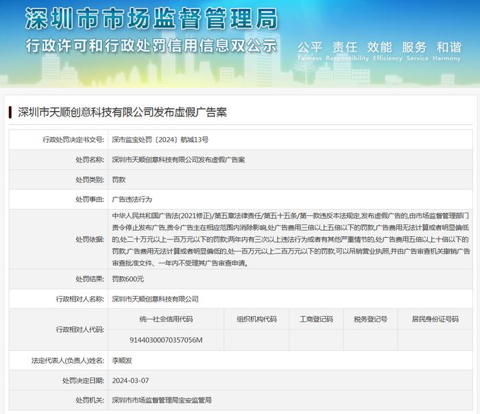 深圳市天顺创意科技有限公司发布虚假广告案