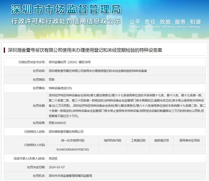 深圳湘舍壹号餐饮有限公司使用未办理使用登记和未经定期检验的特种设备案