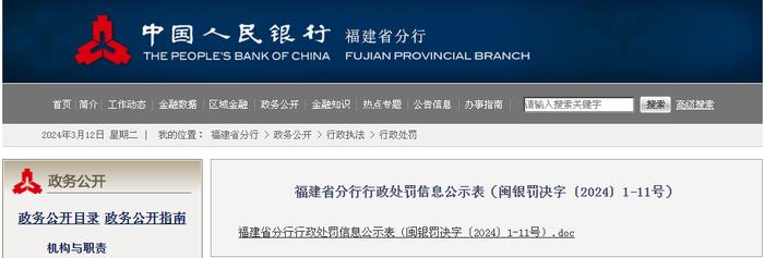 中国人民银行福建省分行行政处罚信息公示表（闽银罚决字〔2024〕1-11号）