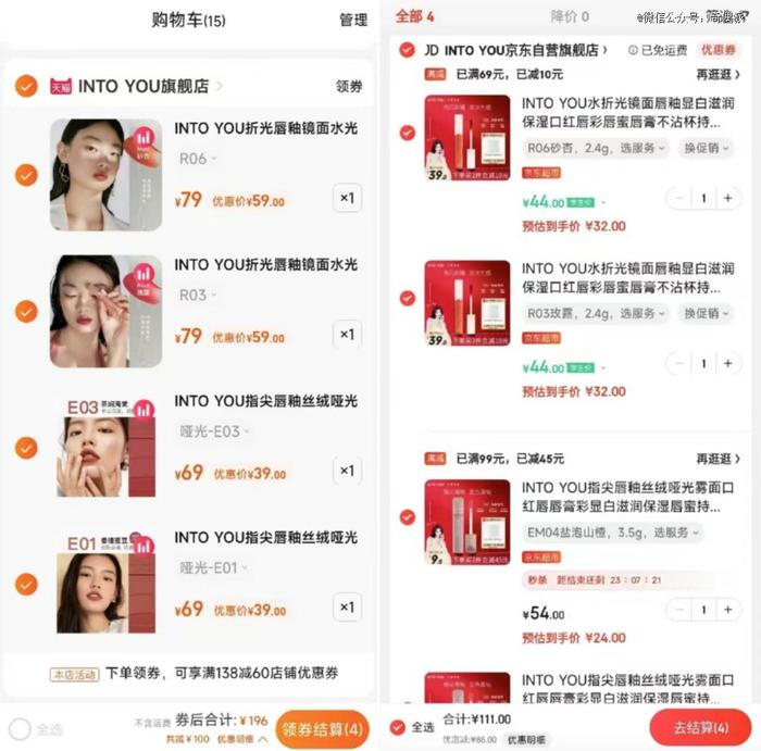 图源:同品牌商品价格对比(左天猫,右京东)