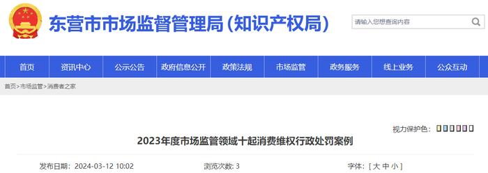 山东省东营市2023年度市场监管领域十起消费维权行政处罚案例