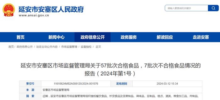 陕西省延安市安塞区市场监督管理局关于57批次合格食品，7批次不合格食品情况的报告（2024年第1号）