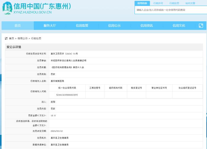 广东省惠东县卫生健康局对惠东城南医院作出行政处罚