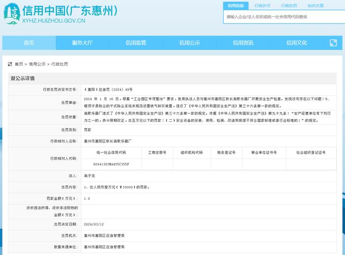 关于对惠州市惠阳区秋长高歌乐器厂行政处罚信息公示