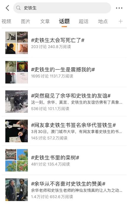 微博史铁生相关话题,是碎片化的,带有喧嚣感