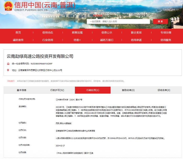 ​擅自改变林地用途 云南勐绿高速公路投资开发有限公司被罚