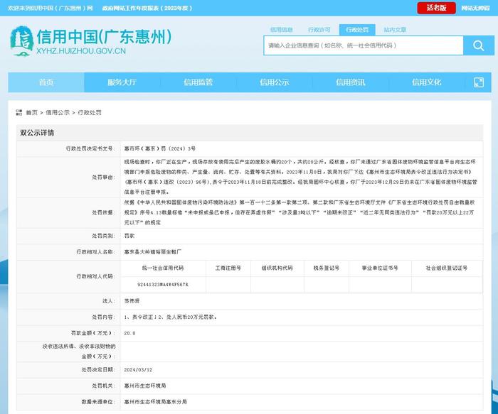惠东县大岭镇裕丽生鞋厂被罚款20万元