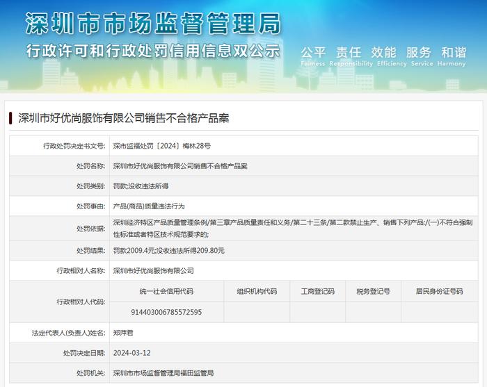 深圳市好优尚服饰有限公司销售不合格产品案
