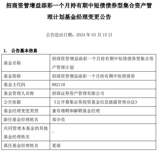 招商资管增益添彩一个月持有期增聘郑少亮 夏琰离任