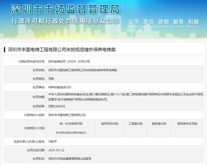 深圳市丰图电梯工程有限公司未按规定维修保养电梯案