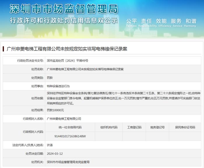 广州申菱电梯工程有限公司未按规定如实填写电梯维保记录案