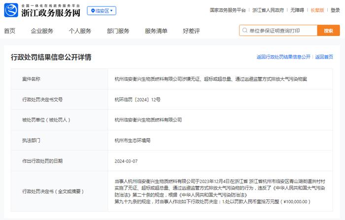 杭州临安衡兴生物质燃料有限公司涉嫌无证、超标或超总量、通过逃避监管方式排放大气污染物案