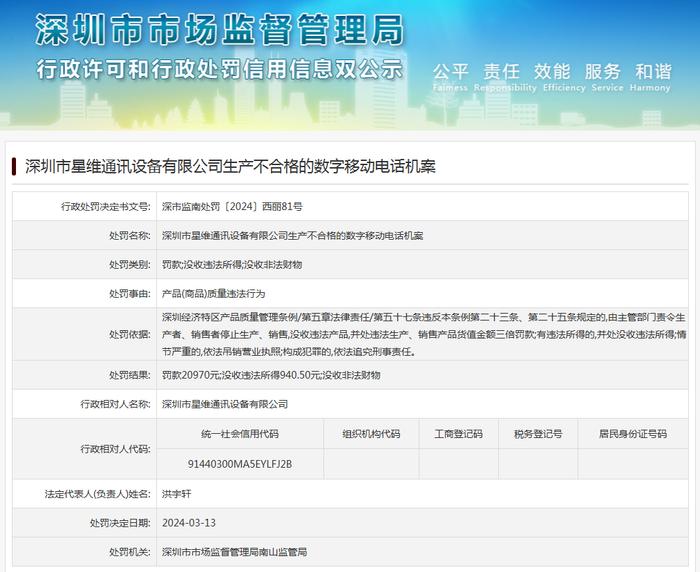 深圳市星维通讯设备有限公司生产不合格的数字移动电话机案