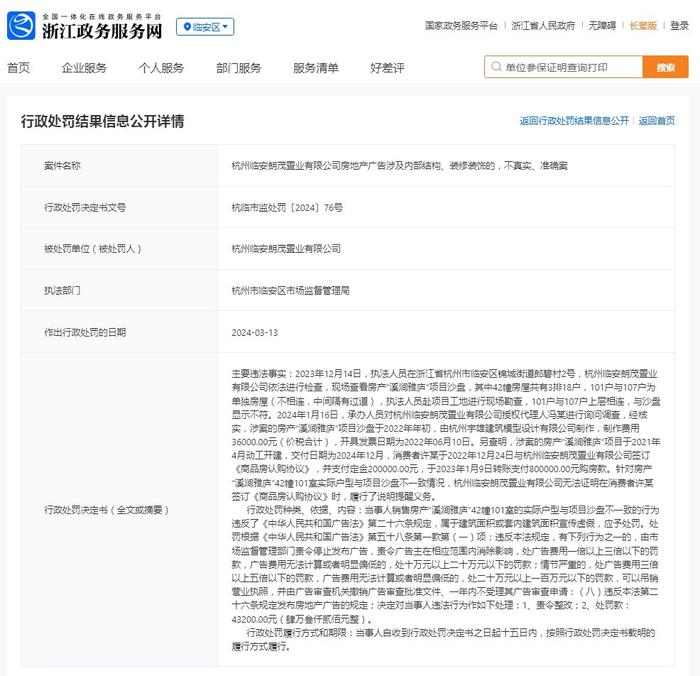 杭州临安朗茂置业有限公司被罚款43200元