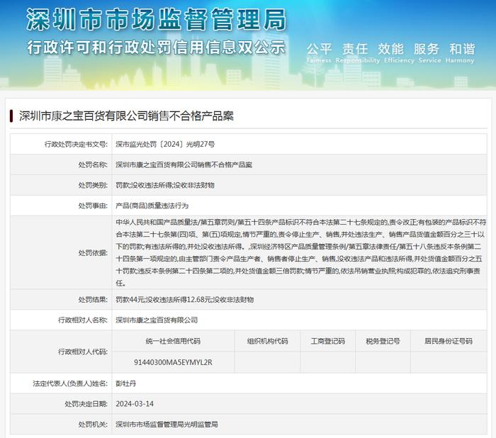 深圳市康之宝百货有限公司销售不合格产品案