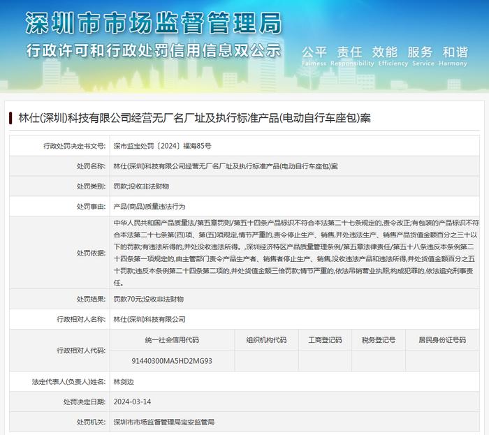 林仕(深圳)科技有限公司经营无厂名厂址及执行标准产品(电动自行车座包)案